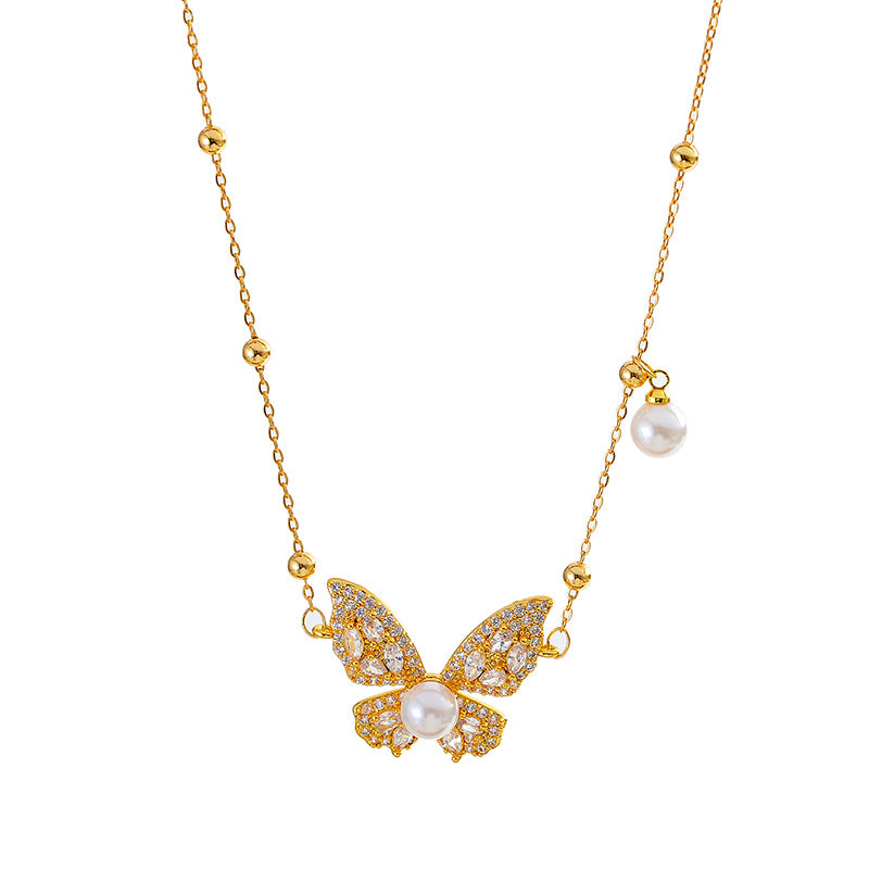 Fashion Versatile Pearl Necklace for Women, High-End Elegant Light Luxury Zircon Butterfly Collarbone Chain, Minimalist Style Neck Chain Accessory