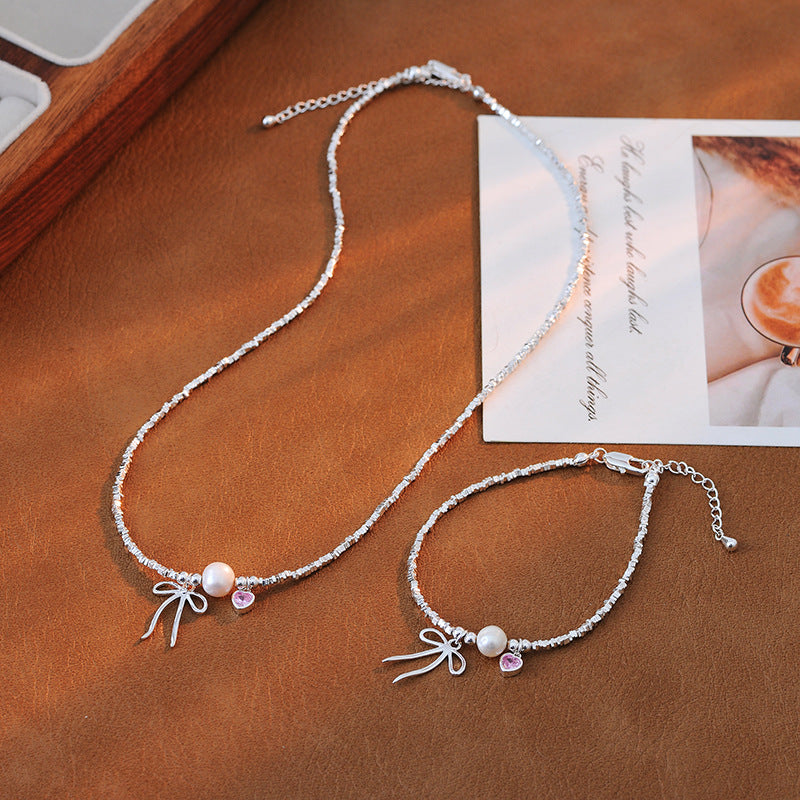 New Bowknot Pearl Pink Zircon Bracelet Necklace for Women Simple Handmade Design Silver Fragment Jewelry Collarbone Chain