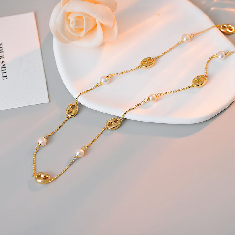Real Gold Plated Pig Nose Pearl Necklace Fashion Versatile Collarbone Chain Light Luxury High-end Sense Jewelry