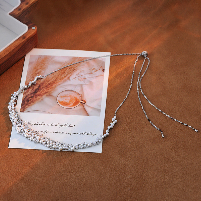 European and American Version Pearl Necklace for Women, Floral Pearl Collarbone Chain, Adjustable Elegant Necklace Gift for Girlfriend