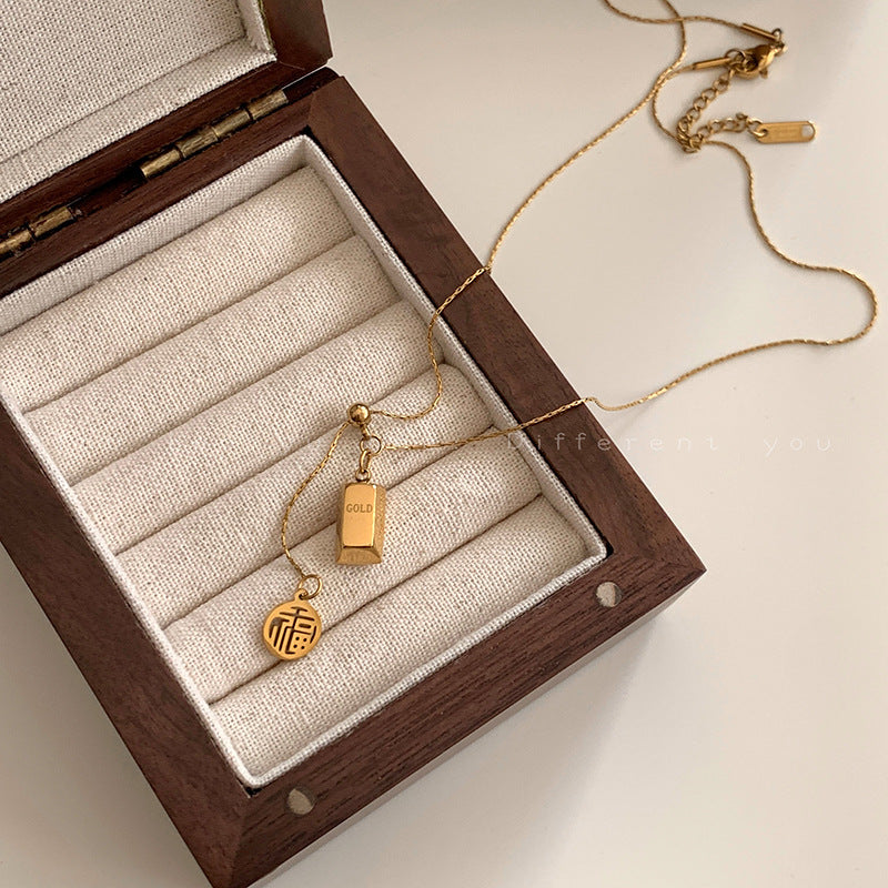 Fortune Lucky Charm Small Gold Brick Necklace for Women, Niche Design, High-end Feel, Titanium Steel, Non-fading, Adjustable Pull Chain, Collarbone Chain