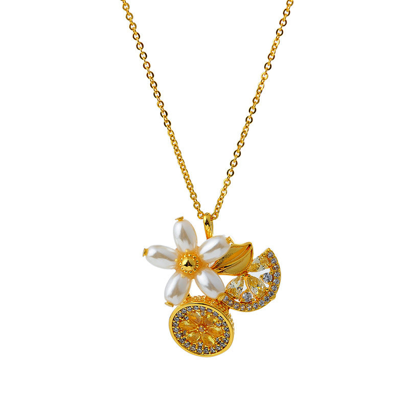 KS Home Lemon Petal Pearl Necklace with Rhinestones and Zircon Inlay Fresh and Elegant Collarbone Chain