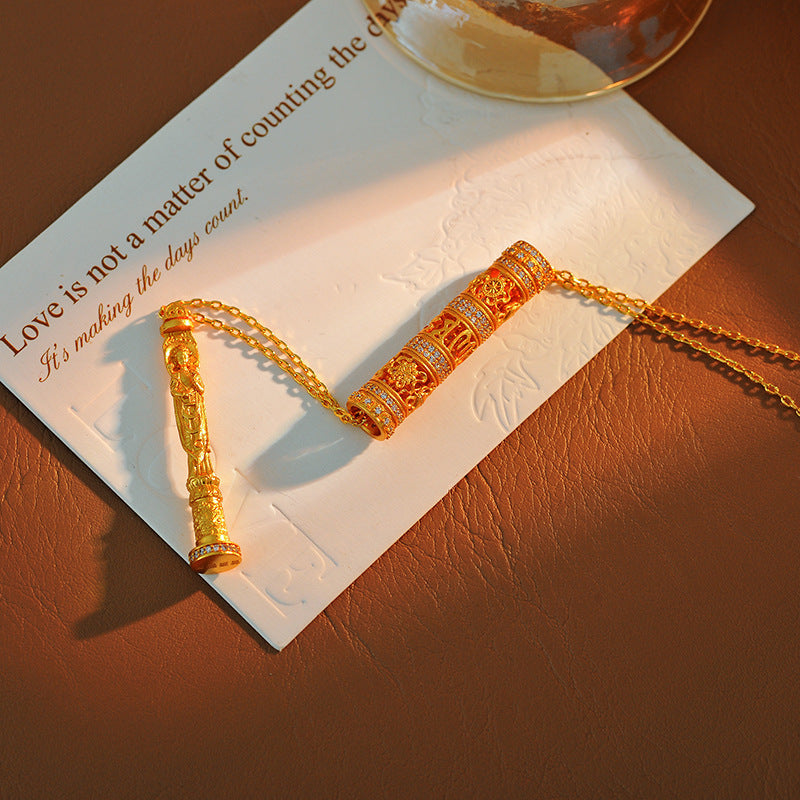 New Chinese Style Ancient Method Hollow Carved Inlaid Cylinder Necklace Eight Styles Portable Gold Buddha Necklace Prayer Wheel for Men and Women Couples