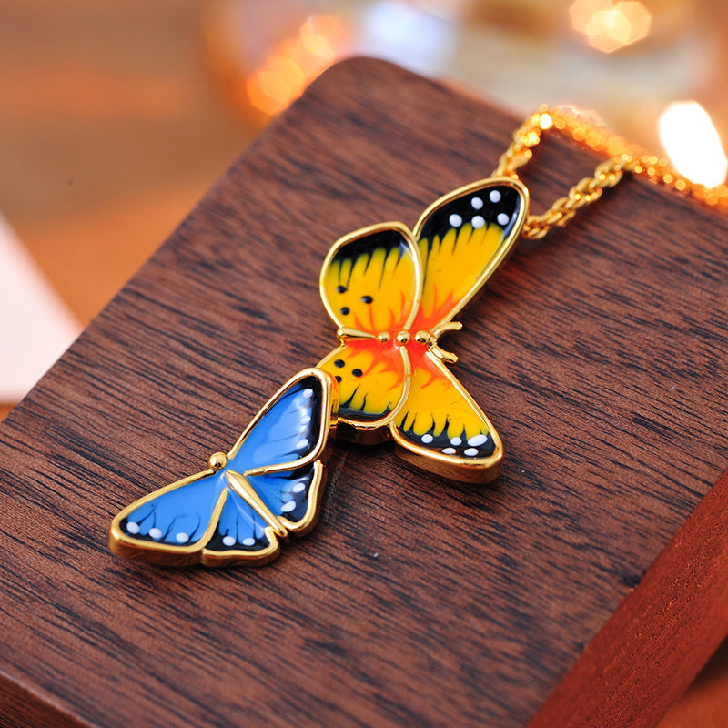 European and American Enamel Color Glaze Sweet Romantic Double Butterfly Pendant Aesthetic Temperament Necklace