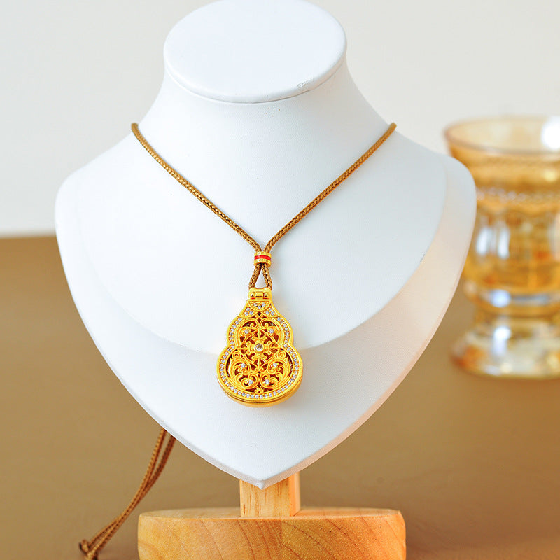 New Chinese Style Ancient Method Hollow Gourd Necklace with Inlaid Diamonds Guanyin Blessing Pendant Three-Dimensional New Light Luxury Non-Fading Pendant