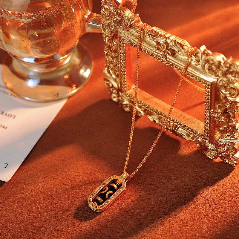 Gold Store Same Style Nine-Eyed Dzi Bead Gold Color Pendant Imitation Sand Gold Linlang Three-Eyed Dzi Bead Necklace Rotatable Pendant