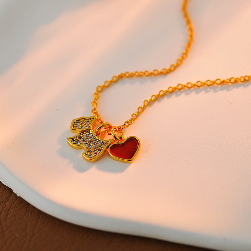 Heart Shell Full Diamond Puppy Necklace for Women, Korean and Japanese Style, Simple Red and White Heart Pendant, Clavicle Chain, Fashionable and Elegant