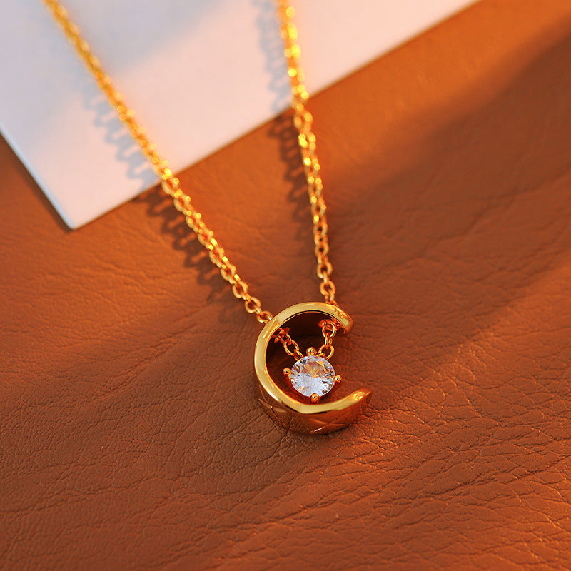 Chanel Style Ice Moon Necklace for Women with Inlaid Diamonds, Diamond Pattern Crescent Moon Collarbone Chain, Diamond-shaped Pendant Set Chain