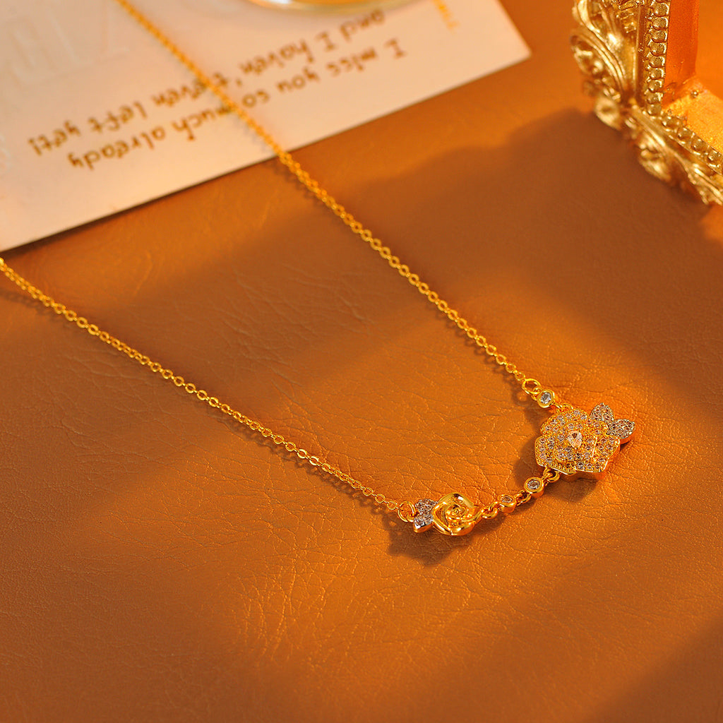 French Style Light Luxury Zircon Twin Rose Necklace Fashion Camellia Exquisite Vintage Bracelet Set