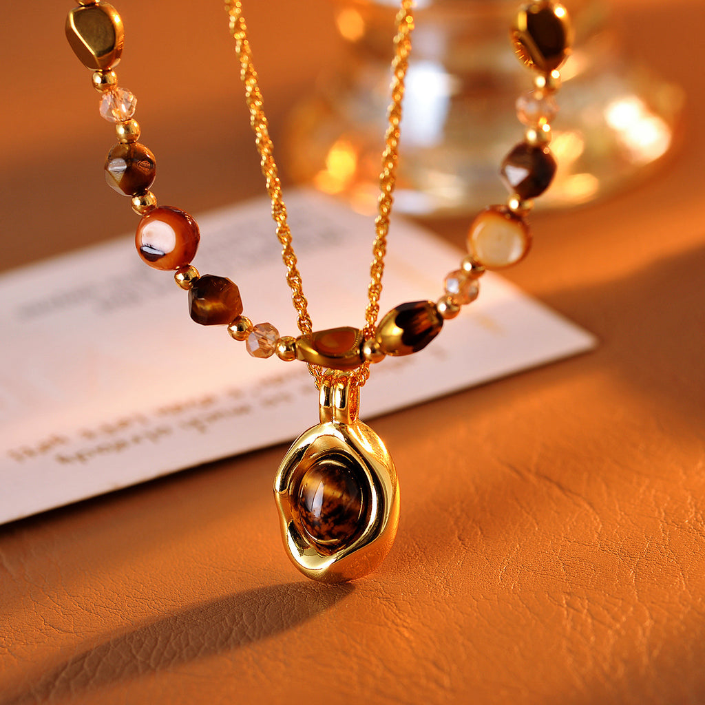 Real Gold Plated Layered Two-Way Necklace Tiger Eye Stone Necklace for Women 2025 New Layered Accessories