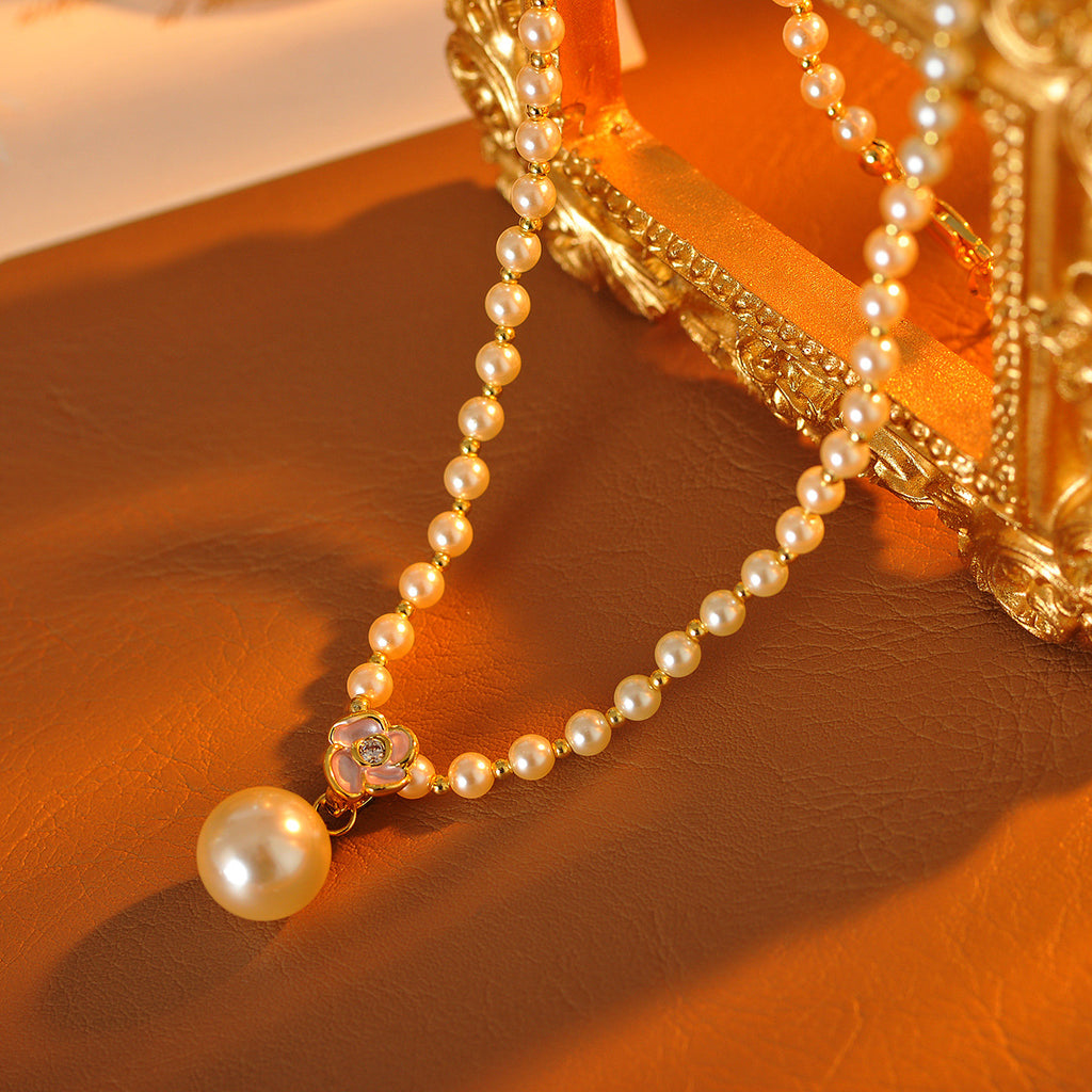 Fashionable Chanel Style Camellia Pearl Necklace Light Luxury Socialite Elegant Temperament Trendy Simple Jewelry