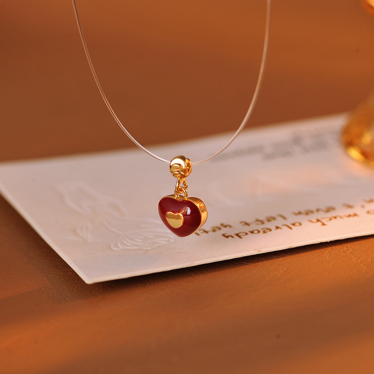 Red Glazed Heart Fishing Line Necklace, Light Luxury Elegant Versatile Fashion Jewelry