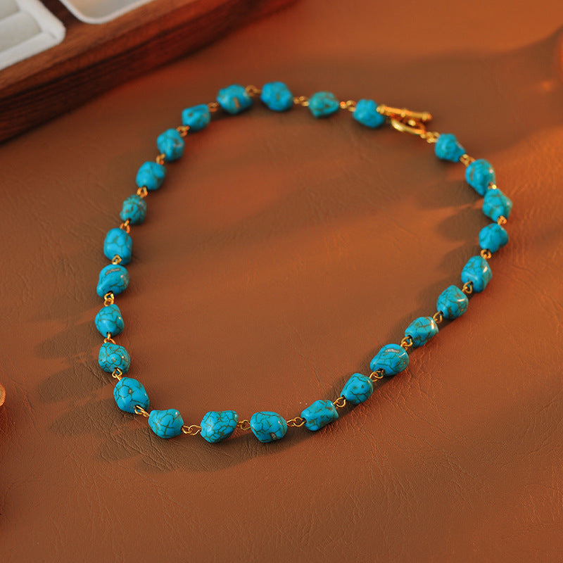 Fashion Retro Irregular Pattern Stone Necklace Fashion Trendy Aquamarine Exquisite Beaded Necklace