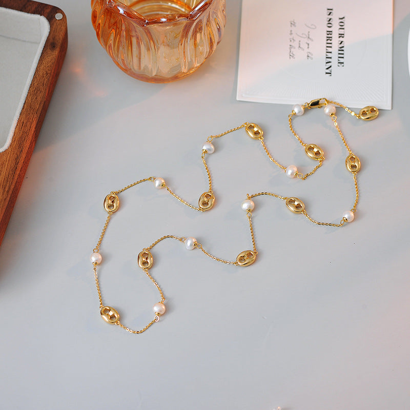 Real Gold Plated Pig Nose Pearl Necklace Fashion Versatile Collarbone Chain Light Luxury High-end Sense Jewelry