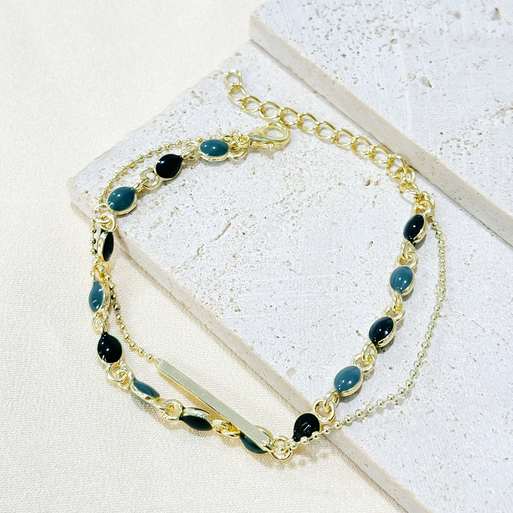 European and American Fashion Green Gemstone Double Layer Bracelet for Women, High-End Summer Niche Personality Versatile Bracelet