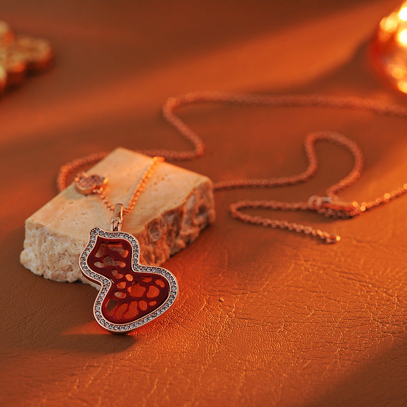 National Style Large Red Gourd Necklace Rose Gold Plated Elegant Fashion Lace Pattern Pendant Mid-Length Women's Necklace