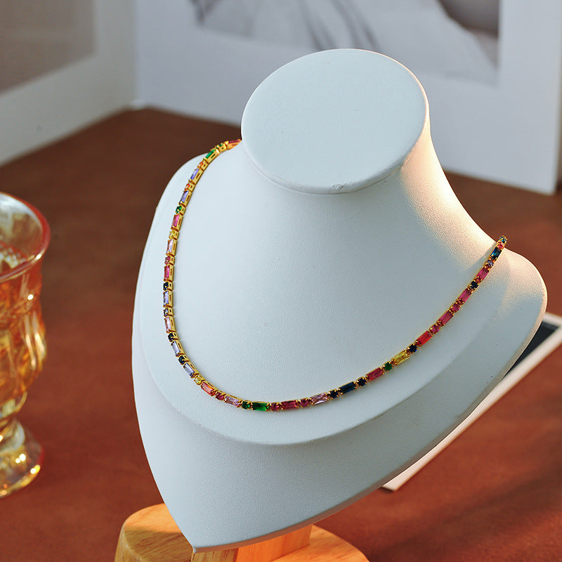 Light Luxury Square Colorful Zircon Necklace High-end Dopamine Simple Niche Hand Buckle Hand Jewelry for Women A10197