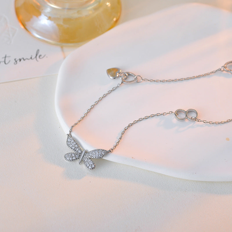 Cross-Border Hot Sale Butterfly Collarbone Chain Heart Pendant Exquisite Versatile High-End Full Diamond Necklace for Women