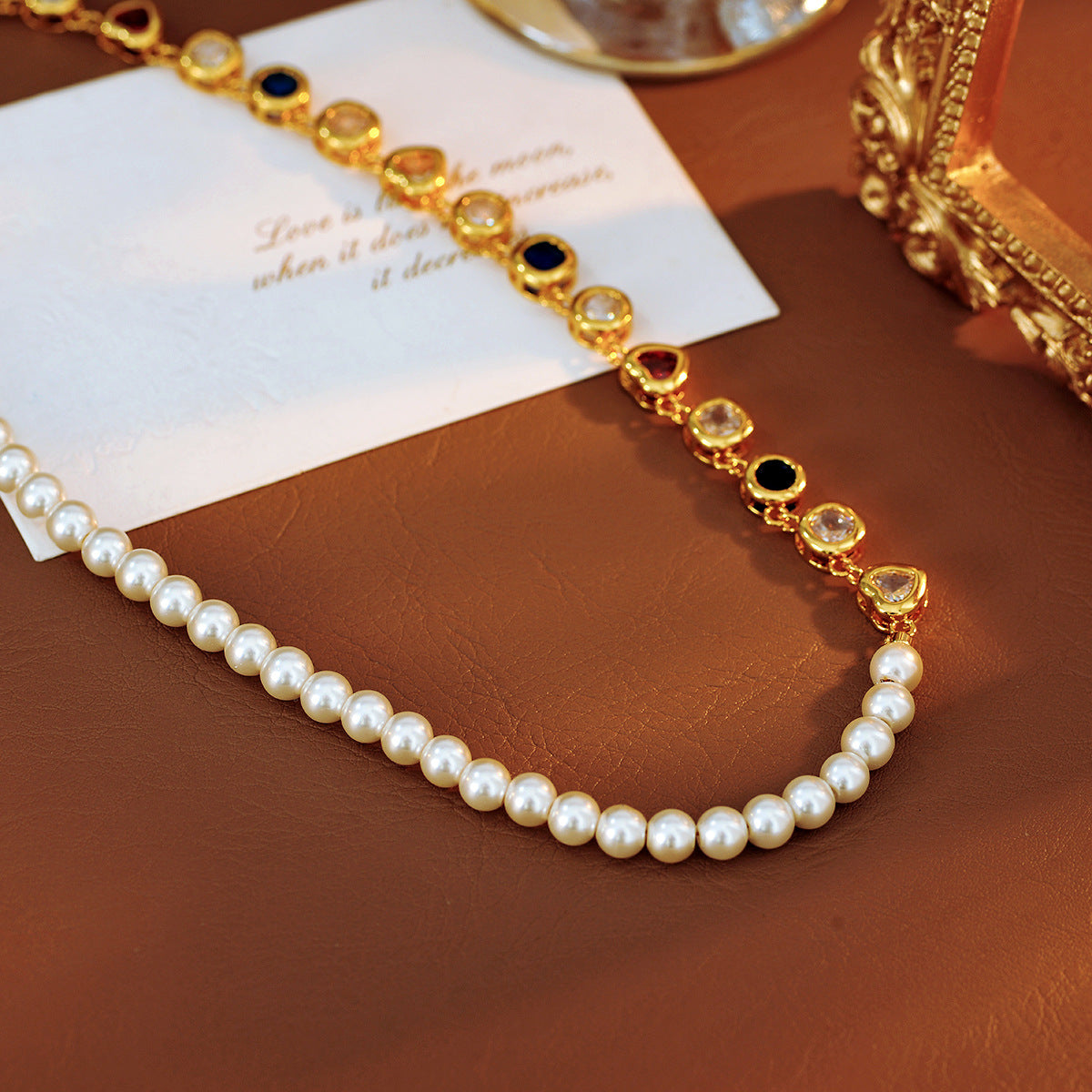 Original Fashion Retro Personality Colorful Zircon Pearl Beaded Necklace for Women Versatile High-end Simple Niche Choker