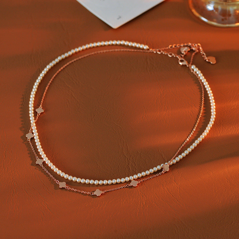 Graceful Luxury High-End Pearl Layered Necklace Personality Versatile Four-Leaf Clover Elegant Luxurious Exquisite Niche Design