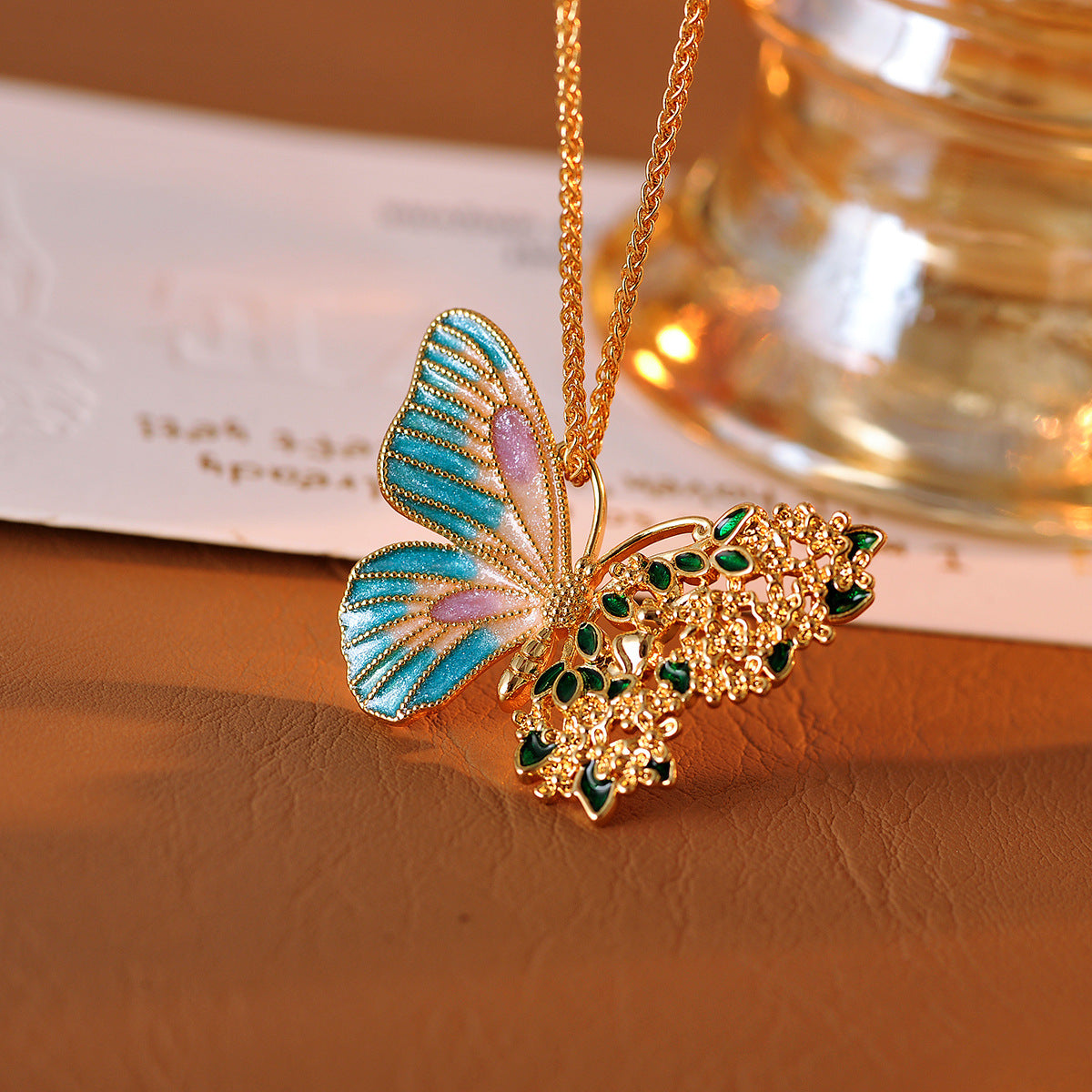 Real Gold Plated Light Luxury Osmanthus Half-Sided Butterfly Pendant New Chinese Style Dreamy Blossom Butterfly Necklace