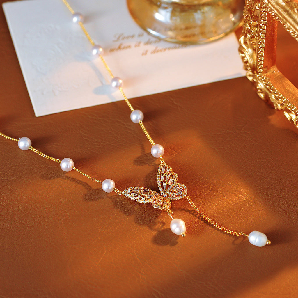 Freshwater Pearl Zircon Butterfly Necklace for Women French Retro Fashion Versatile Collarbone Chain Niche Jewelry