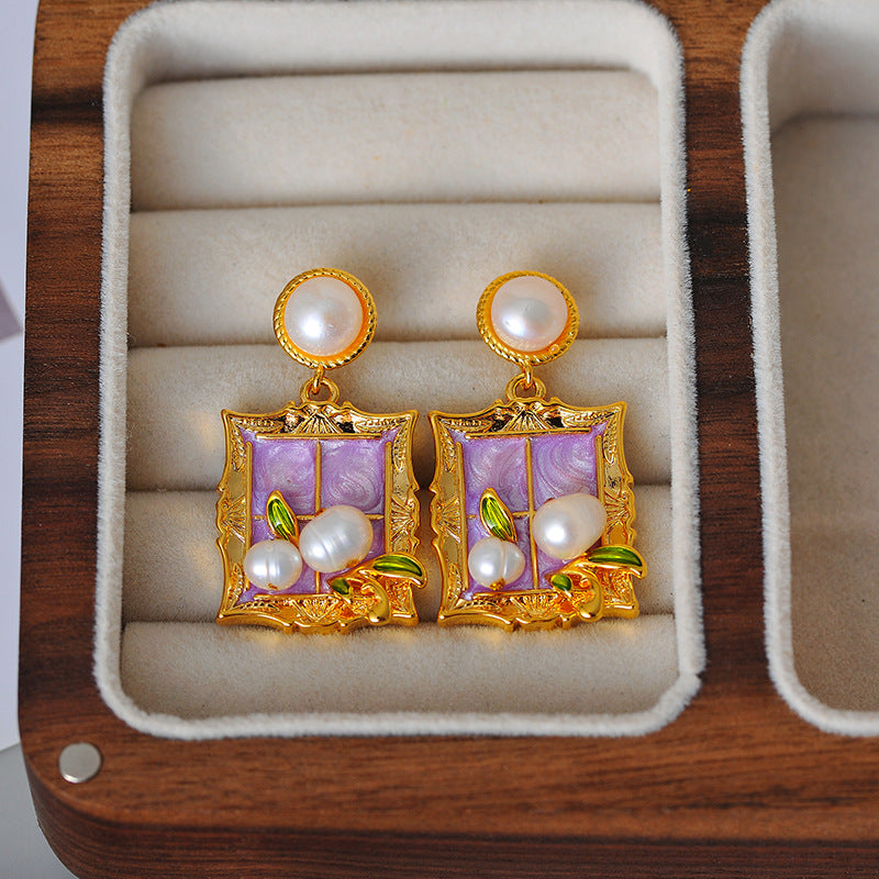 Oil Painting Style Fashionable Personality High-end Necklace Earrings French Pearl Choker New High-end Earrings Necklace