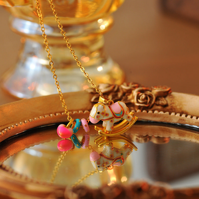 New Chinese Style Carousel Necklace for Women Dopamine Strong Treasure Color All Things Have Joy Collarbone Chain Enamel Oil Paint Necklace