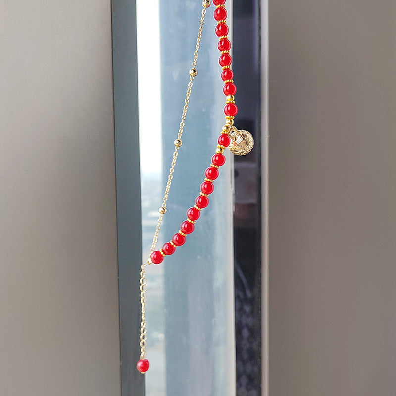 New Chinese Style Red Agate Double Layer Bell Bracelet for Women, Unique Design, Best Friend Layered Bracelet