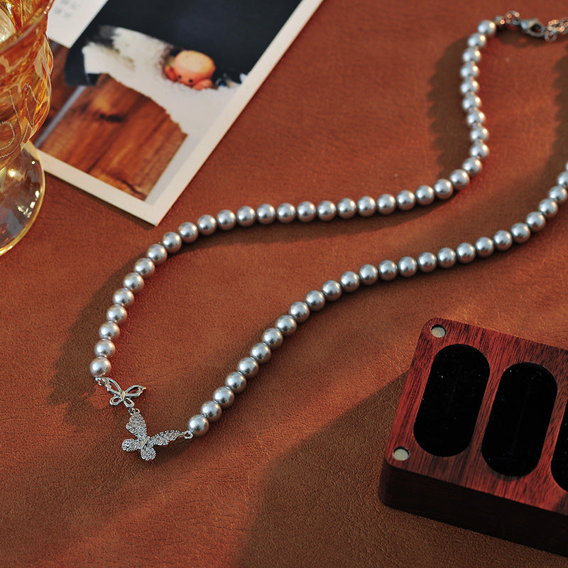 Genuine High-Grade Silver Gray Australian White Full Zircon Silver Butterfly Clasp Full Pearl Necklace Freshwater Pearl