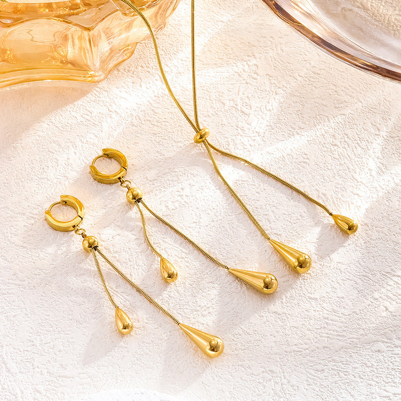 Korean Version New Water Drop Pull-out Earrings Pendant Set Tassel Adjustable Titanium Steel Non-fading Snake Bone Chain Women's Accessories