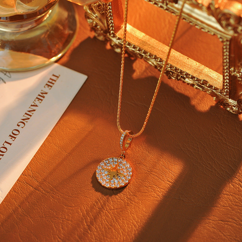 European and American New Style Compass Round Inlaid Diamond Eight-Pointed Star Pendant Cross-Border Light Luxury Style Women's Collarbone Chain One Piece