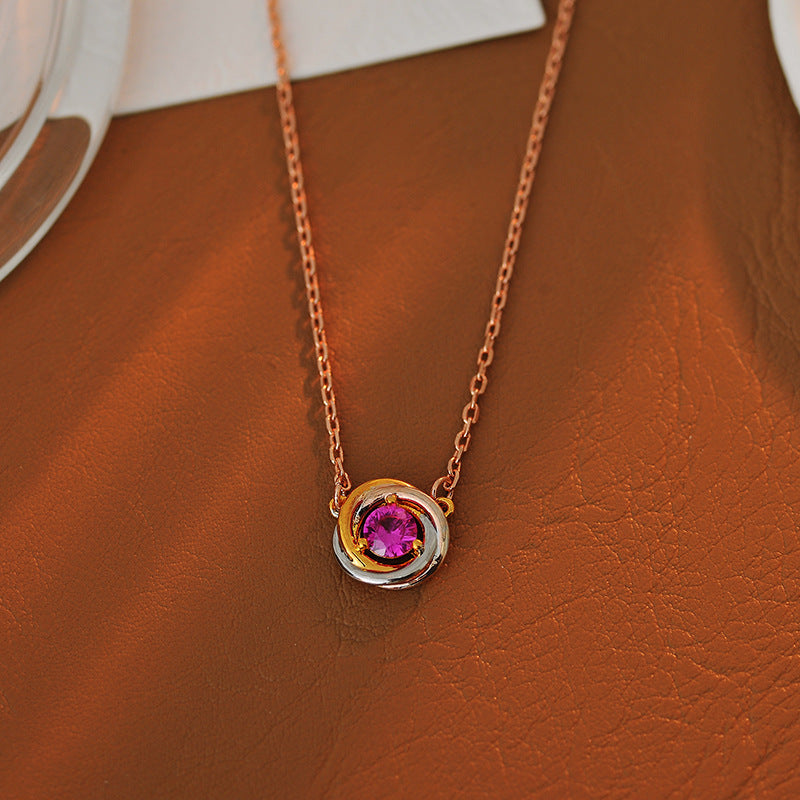 New Purple Three-Color Main Color Zircon Necklace Copper Gold-Plated Celebrity Style Clavicle Chain Light Luxury High-End Women's Neck Chain