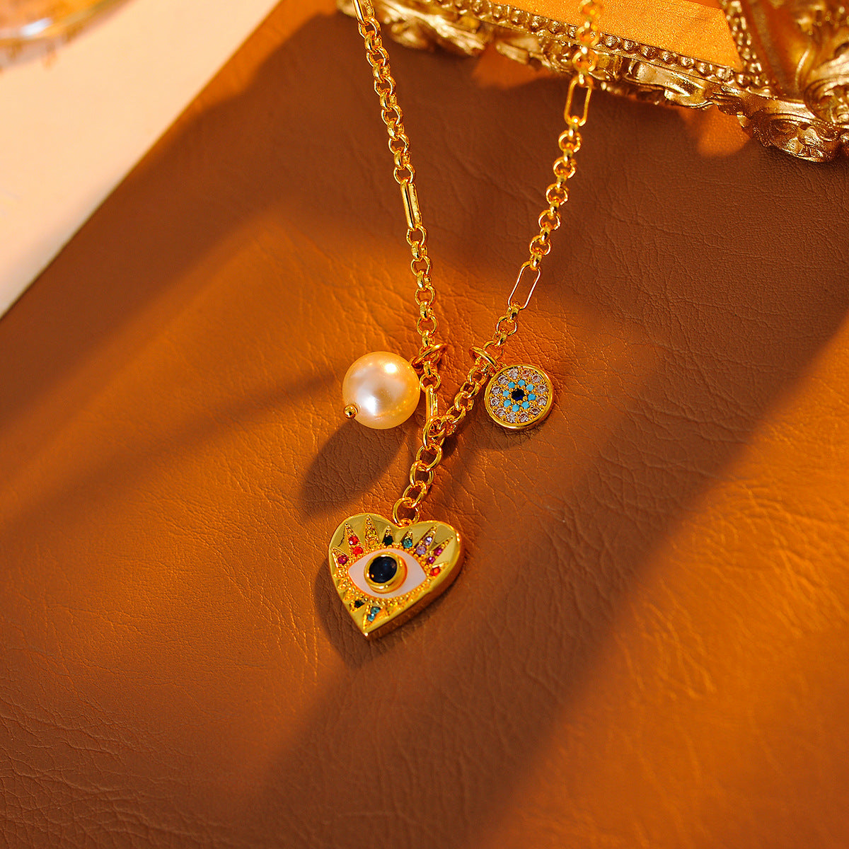 New Colorful Devil's Eye Heart Necklace for Women with Micro Pave Zirconia, Light Luxury High-end Earrings Set