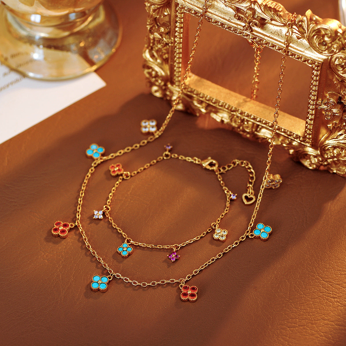 High Version European and American Trend Fresh Flower Earrings Inlaid with Colorful Small Diamonds Multi-Drop Necklace Earrings