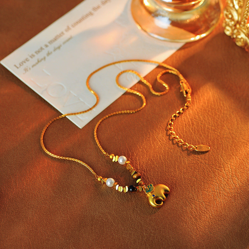 Original Sand Gold Little Elephant Beaded Decorative Necklace Light Luxury Niche High-end Sense Elegant Long High-grade Sweater Chain Accessories