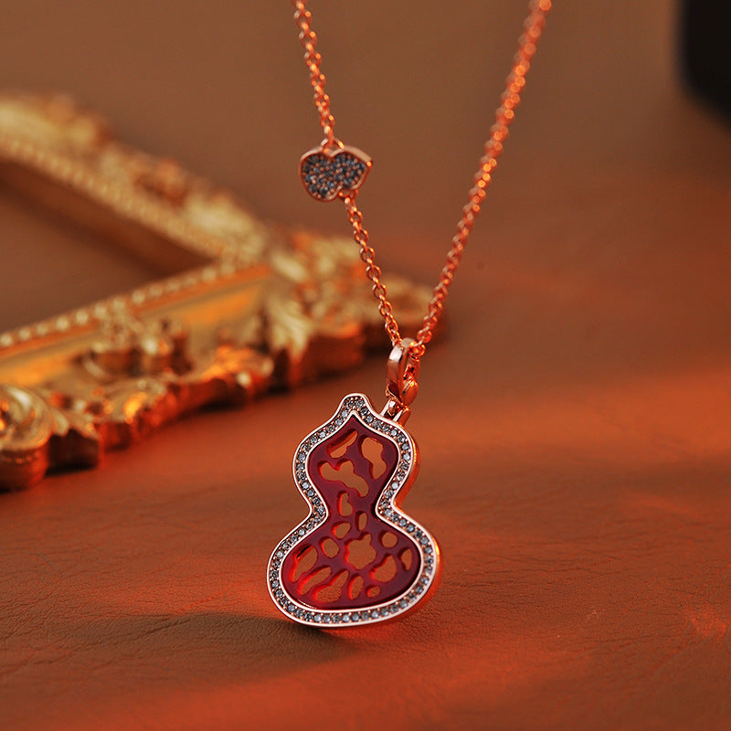 National Style Large Red Gourd Necklace Rose Gold Plated Elegant Fashion Lace Pattern Pendant Mid-Length Women's Necklace