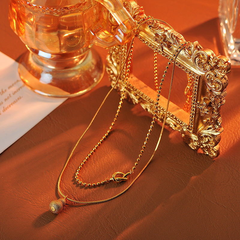 French Style Double Layer Stacked Gold Gourd Necklace Round Bead Chain Simple Elegant High-end Clavicle Chain Neck Chain