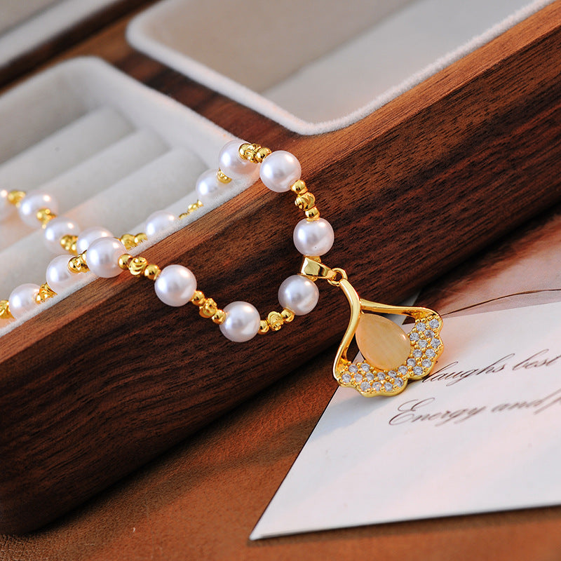 Super Shiny Three Lives Three Worlds Ginkgo Leaf Bead Necklace for Women, High-End Feel, Internet Celebrity Hot Item, Light Luxury, Versatile Necklace for Women