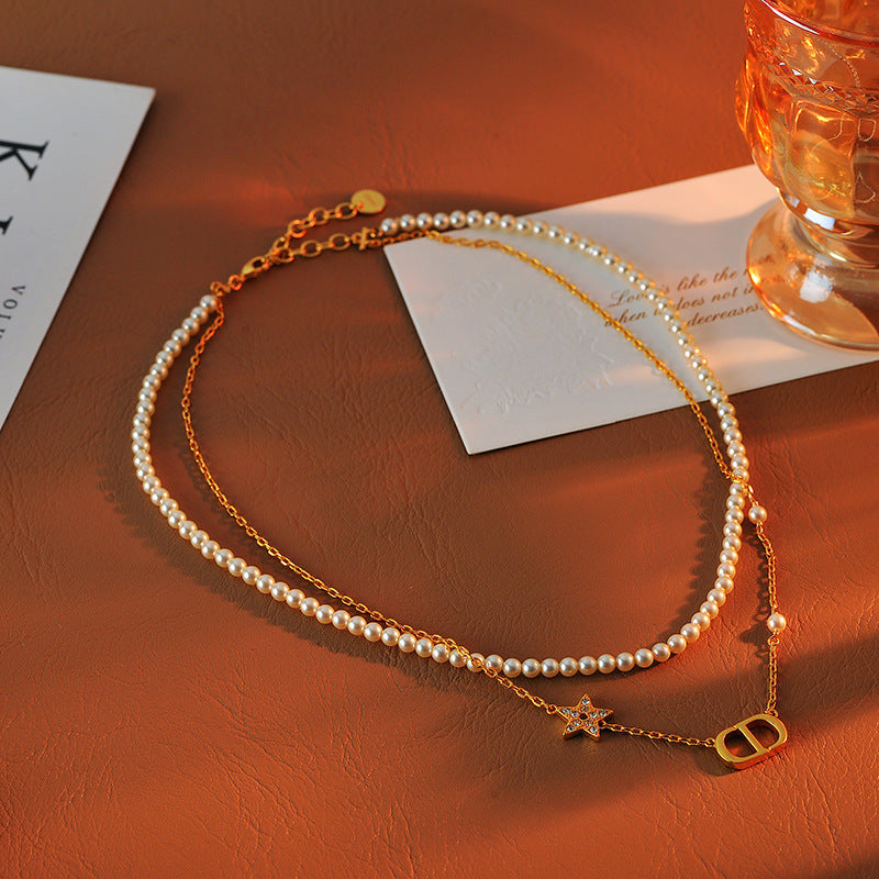 French Retro New Style High-End Letter Full Diamond Star Pearl Necklace for Women Light Luxury Versatile Double Layer Clavicle Chain Trendy