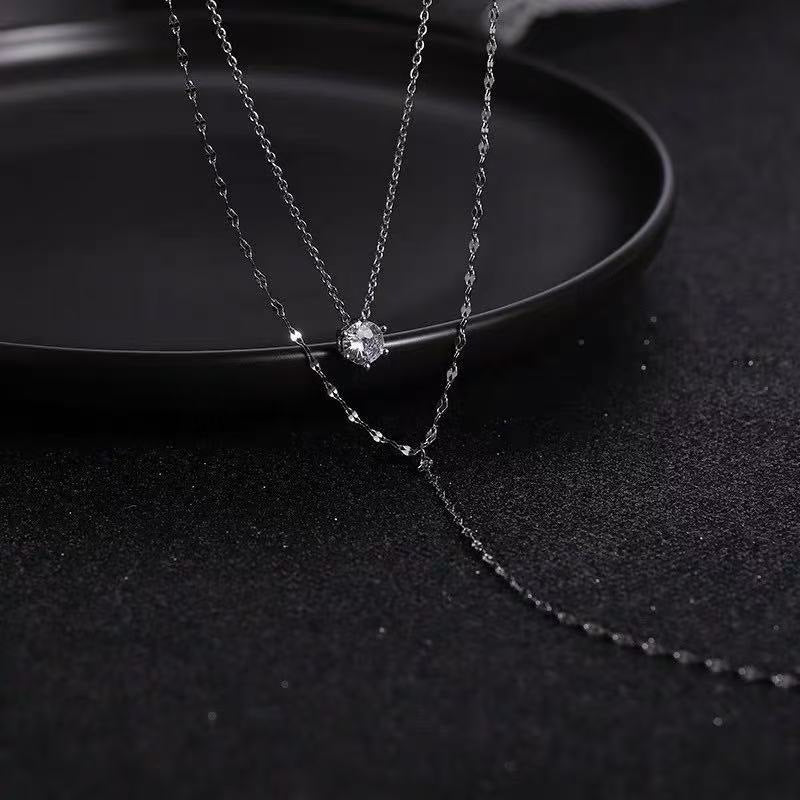 Long Tassel Necklace Light Luxury Elegant High-end Neck Chain Zircon Pendant Double Layer Stacked Collarbone Chain