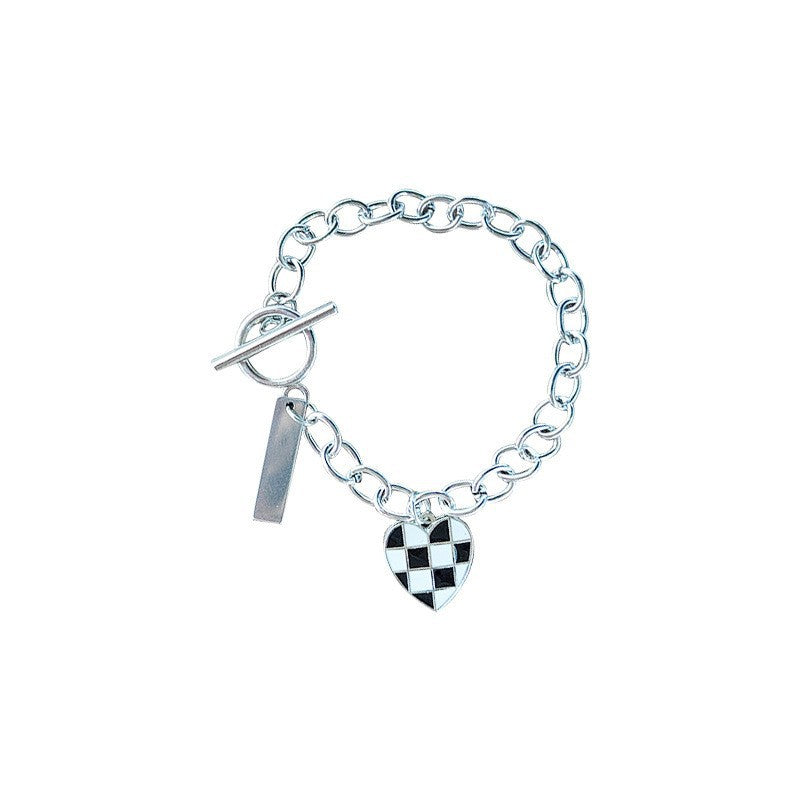 Unique Design Checkerboard Heart Pendant Bracelet for Women Trendy Cool Simple Fashion Bangle Accessories Japanese Korean Style