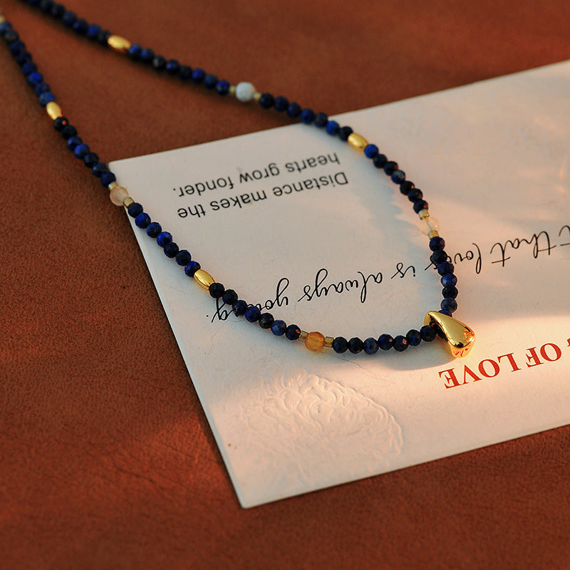 French Retro Natural Stone Beaded Necklace Niche Design Metal Water Drop Shape High-end Versatile Collarbone Chain