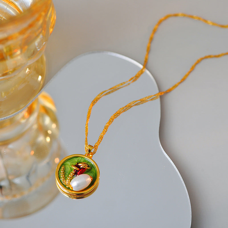 Oil Painting Natural Pearl Necklace for Women, Vintage New Chinese Style, National Style Wheat Spike Sweater Chain, Niche Collarbone Chain, Choker