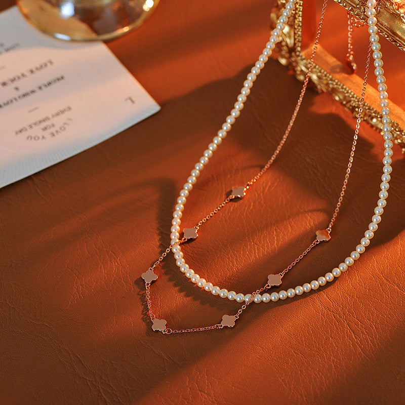 Graceful Luxury High-End Pearl Layered Necklace Personality Versatile Four-Leaf Clover Elegant Luxurious Exquisite Niche Design