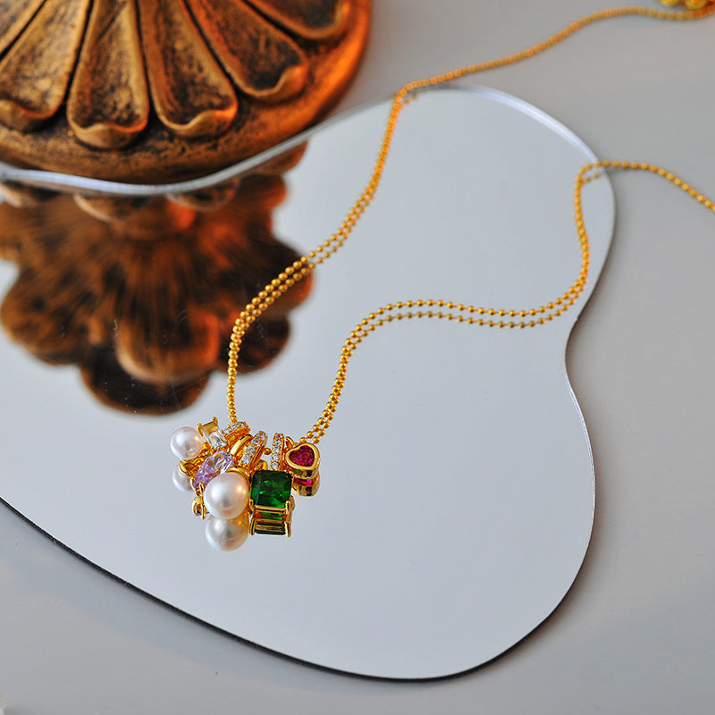 High Version Real Gold Plating European and American Jewelry Fashion Pearl Colorful Zircon Multi-element Multi-drop Necklace Simple Necklace