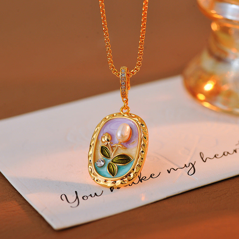 Monet Garden Vintage Necklace Natural Baroque Pearl Light Luxury Retro Oil Painting Style Collarbone Chain