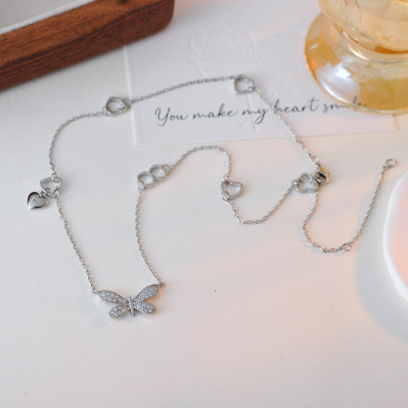 Cross-Border Hot Sale Butterfly Collarbone Chain Heart Pendant Exquisite Versatile High-End Full Diamond Necklace for Women