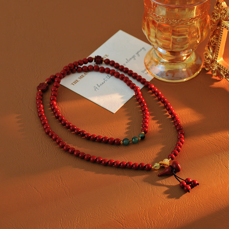 High Content Natural Cinnabar 6mm Bead Three Circle Bracelet Necklace Female Peace Gourd Long Bracelet Ethnic Style Purple Gold Sand