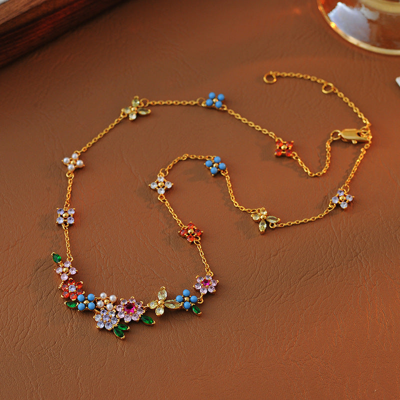 Sweet Romantic Pastoral Colorful Diamond Flower Butterfly Cluster Fresh Girl Temperament Necklace Bracelet Bangle